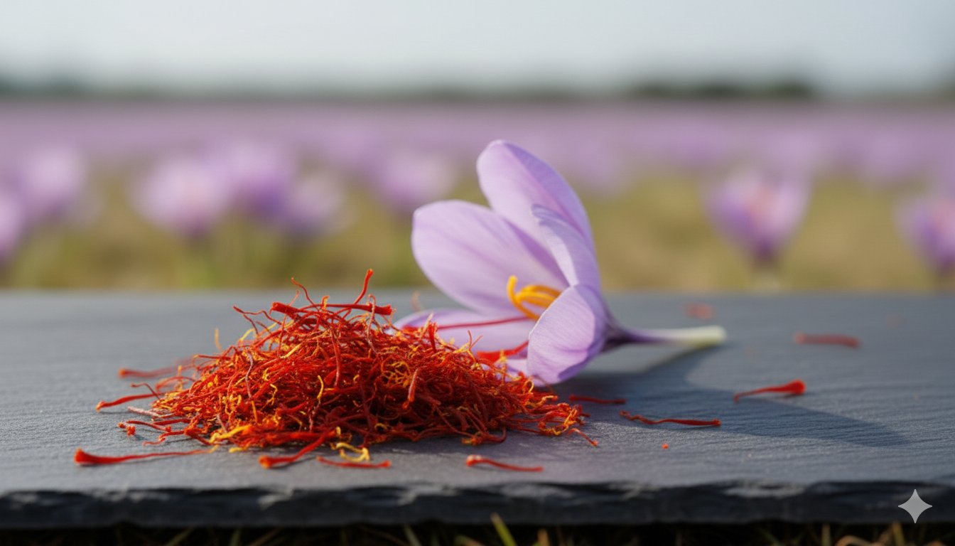 Greek Red Saffron from Kozani: Vivid red saffron threads and a purple crocus flower on a slate stone plate, harvested in Northern Greece.