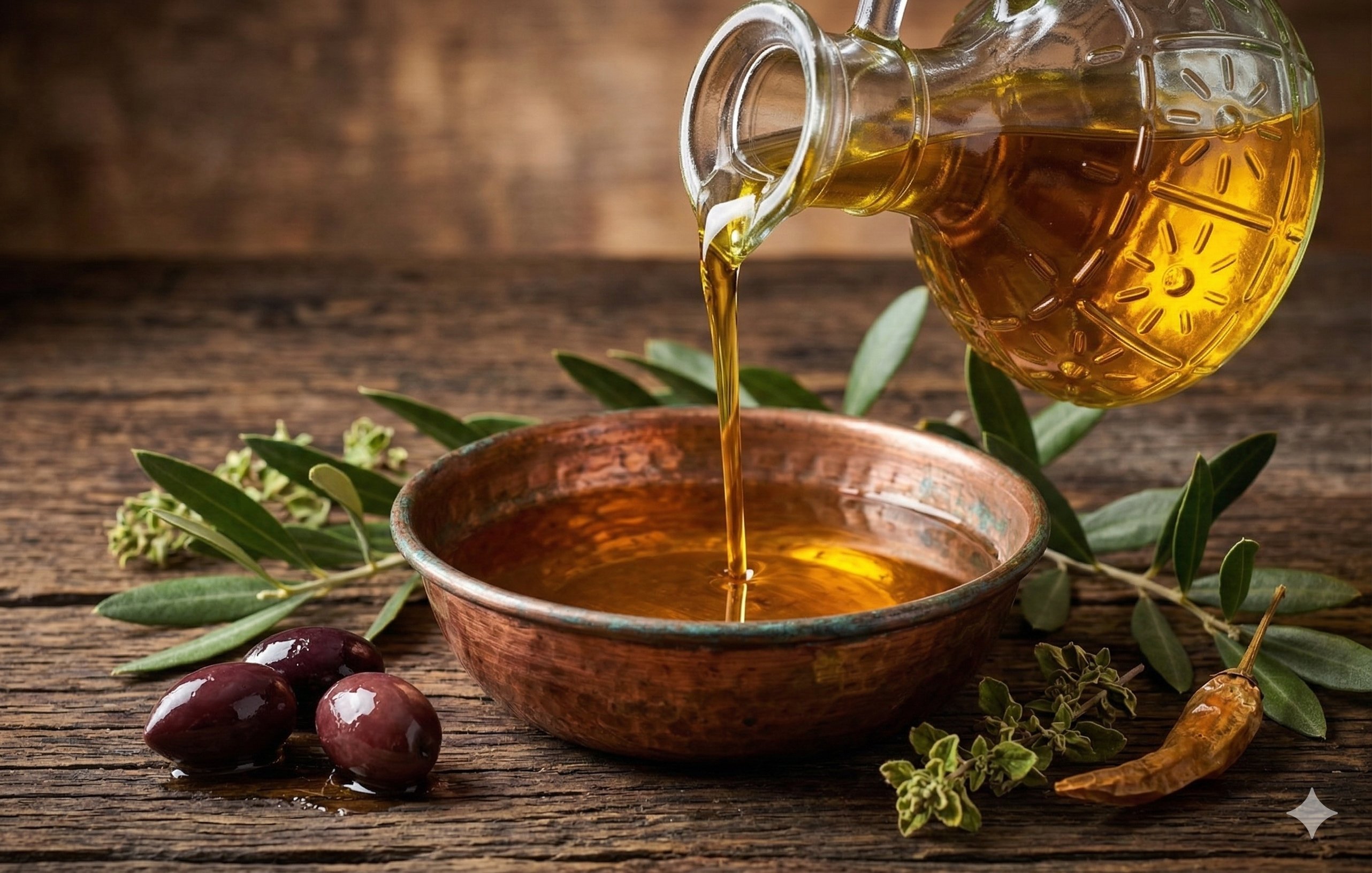 Pamiątki z Grecji: Złocista oliwa z oliwek extra virgin nalewana do miedzianej miseczki, świeże oliwki Kalamata i zioła na drewnianym stole