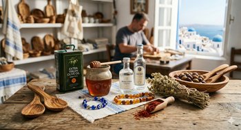 Najlepsze pamiątki z Grecji: oliwa P.D.O., miód, ouzo, szafran, oko proroka i komboloi na tle Santorini
