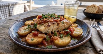 Juicy white fish fillet baked over golden potato slices, garnished with fresh parsley, served in a seaside Greek taverna.