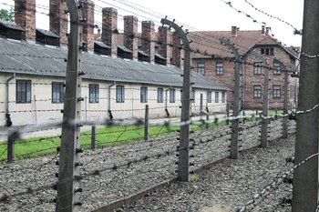 A poignant, low-angle perspective photograph of the double-row barbed wire fence and row of concrete posts at the Auschwitz-Birkenau former Nazi death camp. In the background, brick prisoner barracks with visible chimneys stand, capturing the haunting atmosphere of this historical site.
