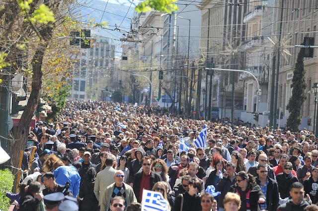 Greek soldiers in ceremonial uniforms during the grand military parade at Syntagma Square in Athens.