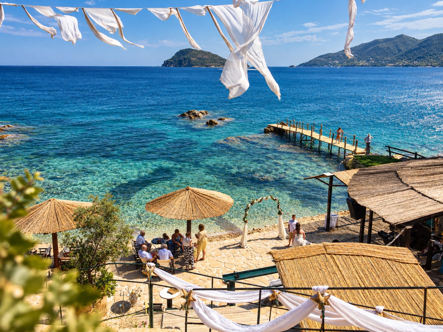 Summer beach resort setup with clear turquoise water and sun umbrellas during peak tourist season in Greece.