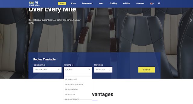Official route finder and bus timetable on the KTEL Chalkidikis website. Screenshot showing the online booking system for the Thessaloniki to Kalives route, featuring the date and destination selection panel.