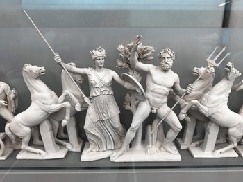 Detailed reconstruction of the Parthenon west pediment depicting the dramatic contest between Athena and Poseidon.