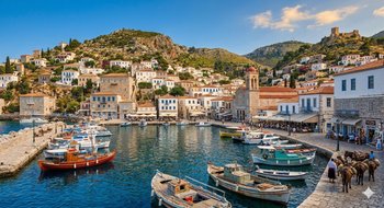 Traditional Greek fishing boats and luxury yachts docked in the picturesque, car-free harbor of Hydra Island.