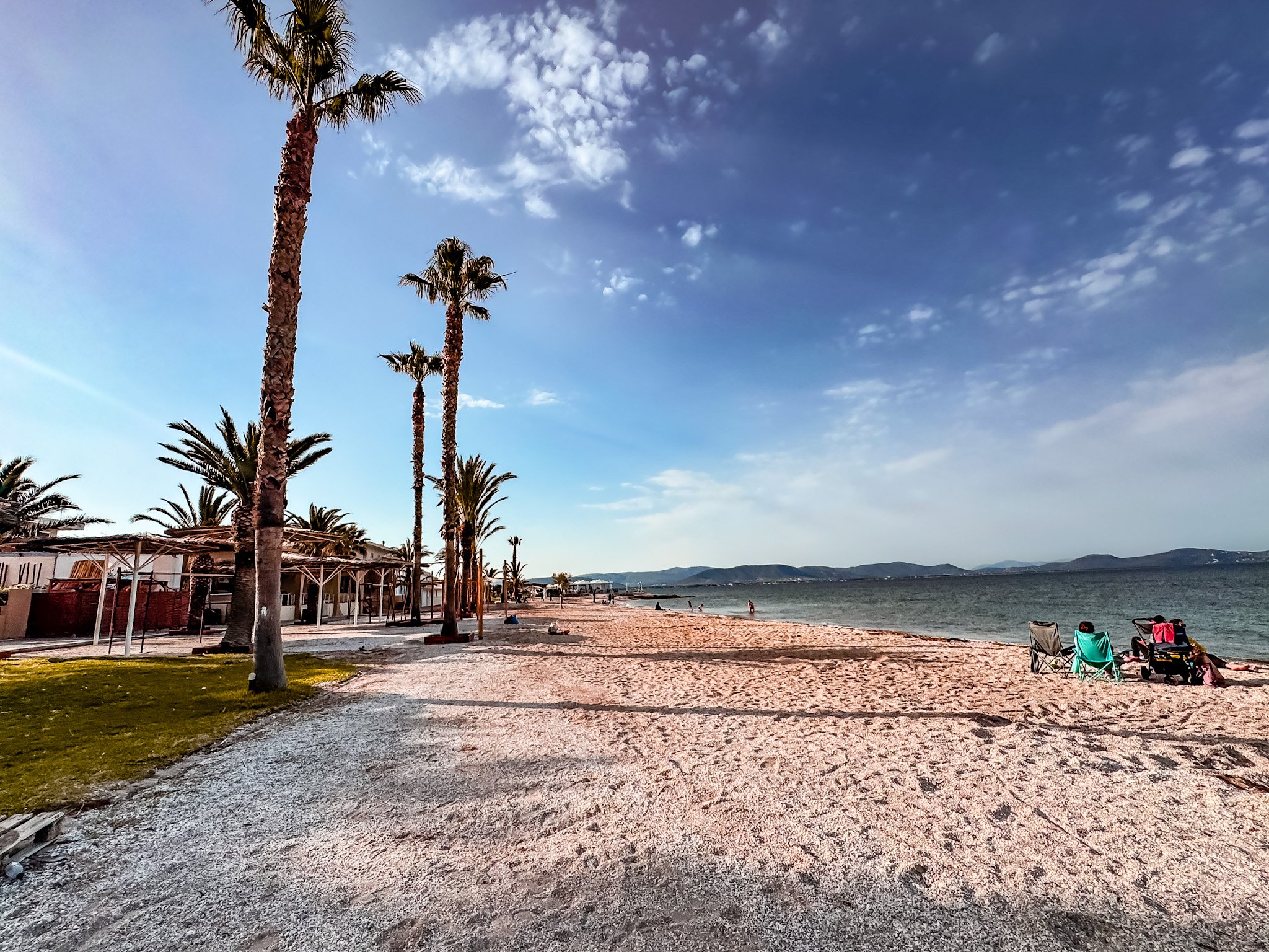 Szeroka plaża Zoumberi z rzędami palm, leżakami i widokiem na Zatokę Eubejską, doskonała dla rodzin i fanów snorkelingu.