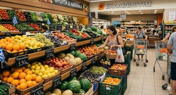 Świeże owoce i warzywa na stoisku w greckim supermarkecie Sklavenitis, lokalne produkty i aktualne ceny w Grecji