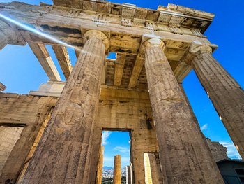 Monumental Doric columns of the Propylaea on the Acropolis in Athens – view from the guided tour route.