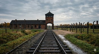 The iconic entrance gate of Auschwitz-Birkenau with railway tracks under a cloudy sky in Poland.