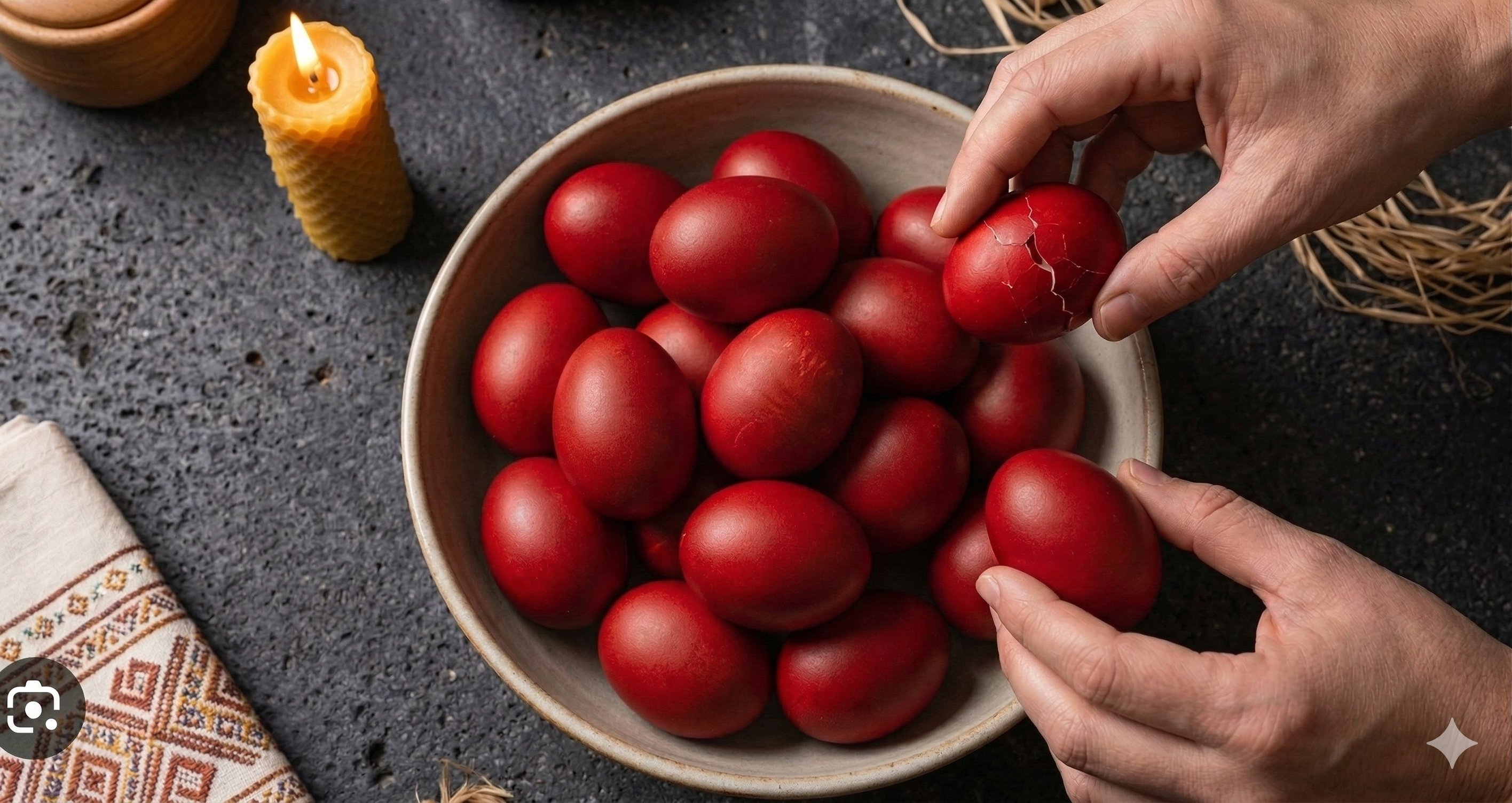 Traditional Greek red Easter eggs (Kokkina Avga) in a ceramic bowl, featuring the custom of Tsougrisma (egg tapping), polished with olive oil for a deep crimson shine next to a beeswax candle