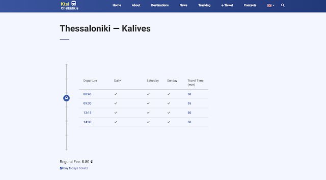 Bus timetable and ticket prices from KTEL Chalkidikis for the Thessaloniki to Kalives (Chalkidiki) route. The table displays departure times, travel duration (approx. 50 min), and current ticket costs for the 2026 season.