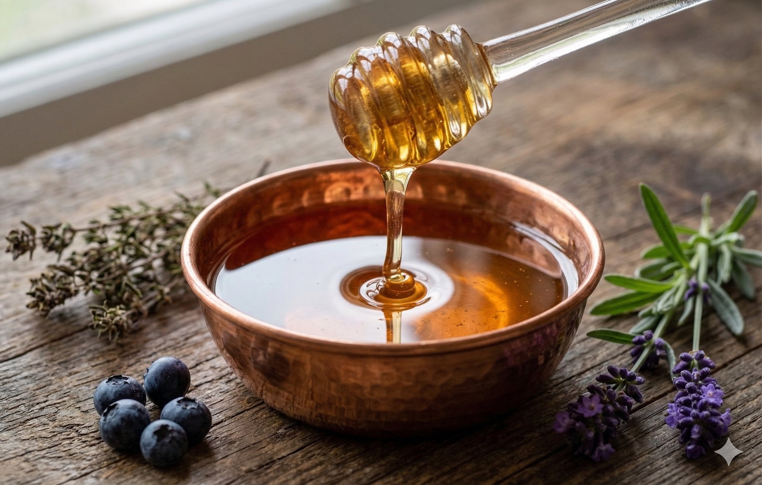 Gęsty miód tymiankowy nalewane do miedzianej miseczki, tradycyjne produkty z Grecji na drewnianym stole