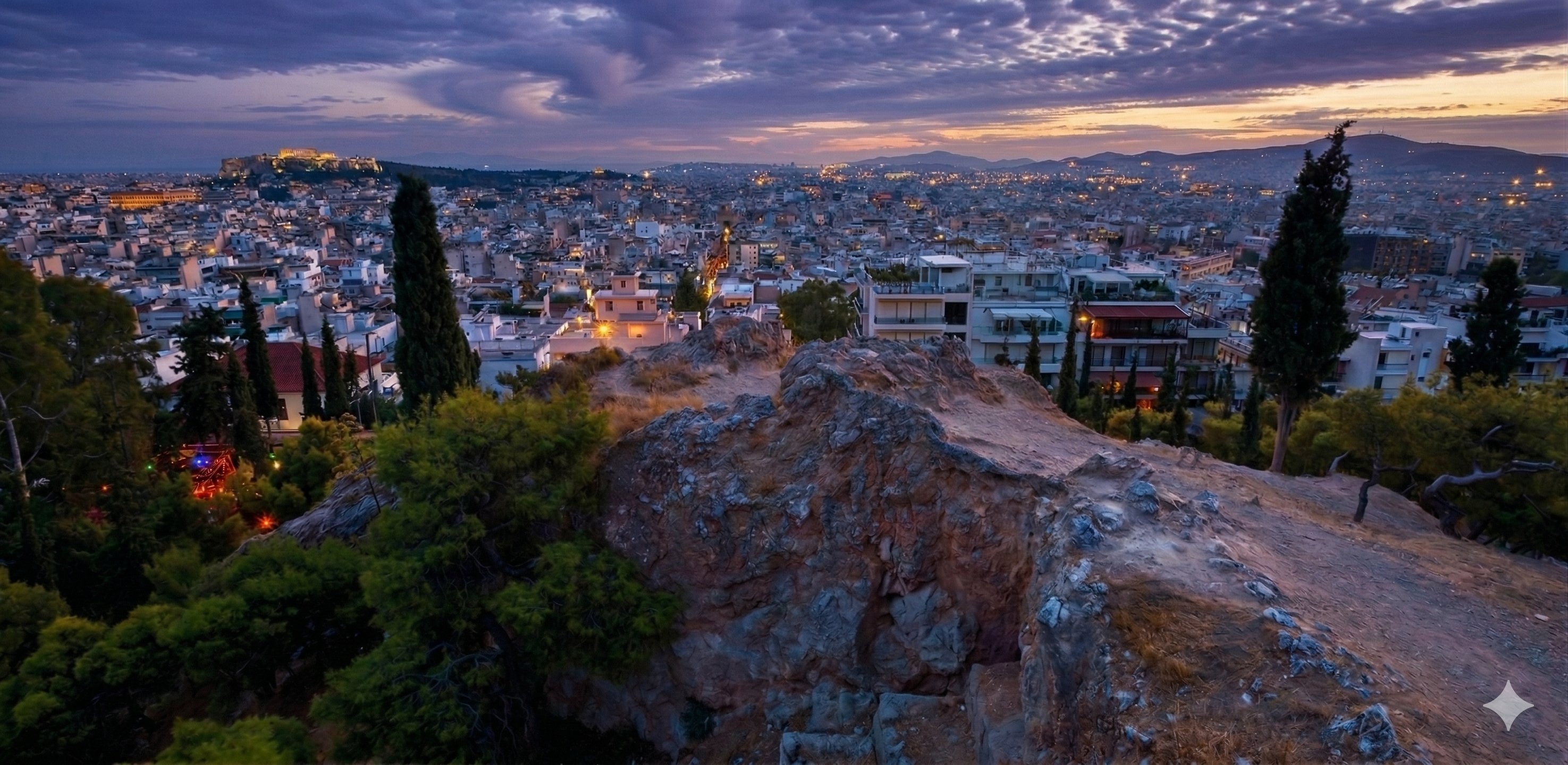 Panoramiczny widok na Akropol o zmierzchu ze Wzgórza Strefi w Atenach. Na pierwszym planie skaliste zbocze i drzewa, w tle oświetlony Partenon oraz rozległa panorama dzielnicy Exarcheia pod fioletowym, zachmurzonym niebem.